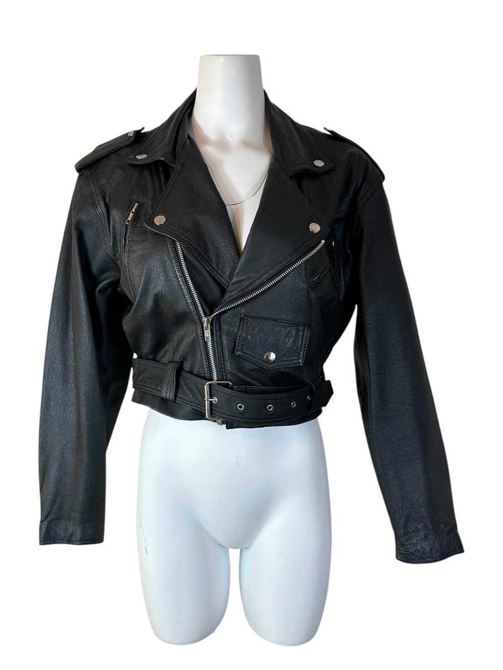 Wilsons Leather Cropped Moto Jacket S Black Belted Biker Vintage 90s
